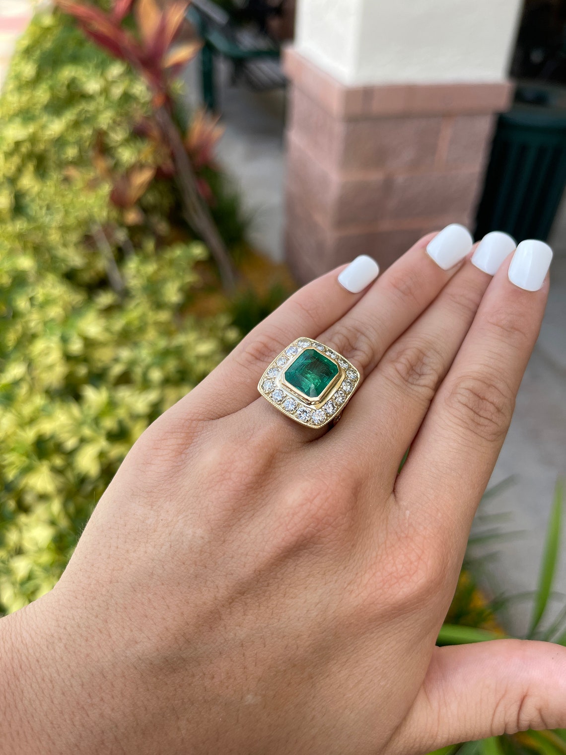 9.50tcw 14K-18K Large Heirloom Emerald Cut & VS Diamond Bezel Cocktail Halo Big Ring - JR Colombian Emeralds