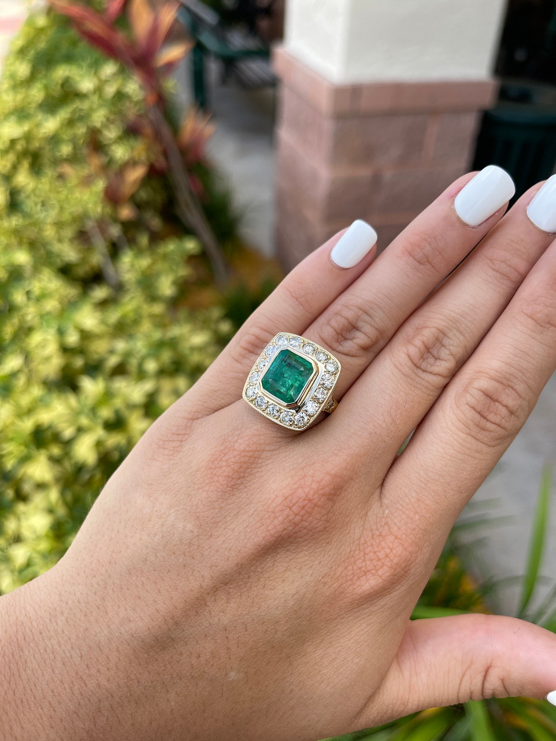 9.50tcw 14K-18K Large Heirloom Emerald Cut & VS Diamond Bezel Cocktail Halo Big Ring - JR Colombian Emeralds