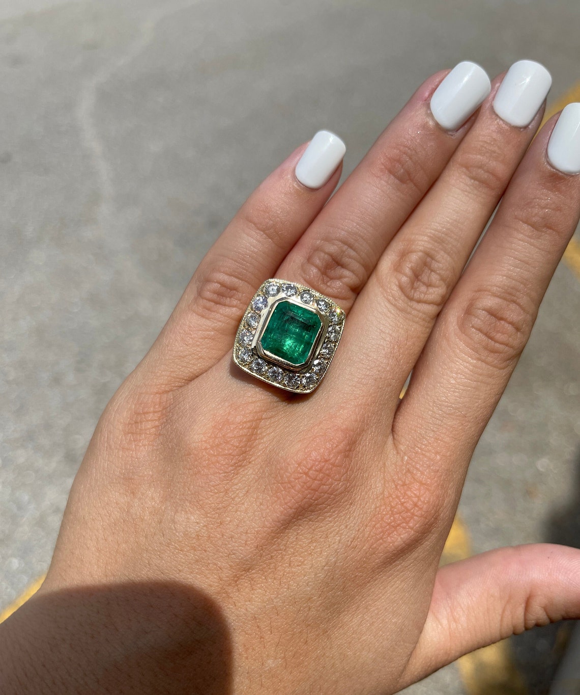 9.50tcw 14K-18K Large Heirloom Emerald Cut & VS Diamond Bezel Cocktail Halo Big Ring - JR Colombian Emeralds