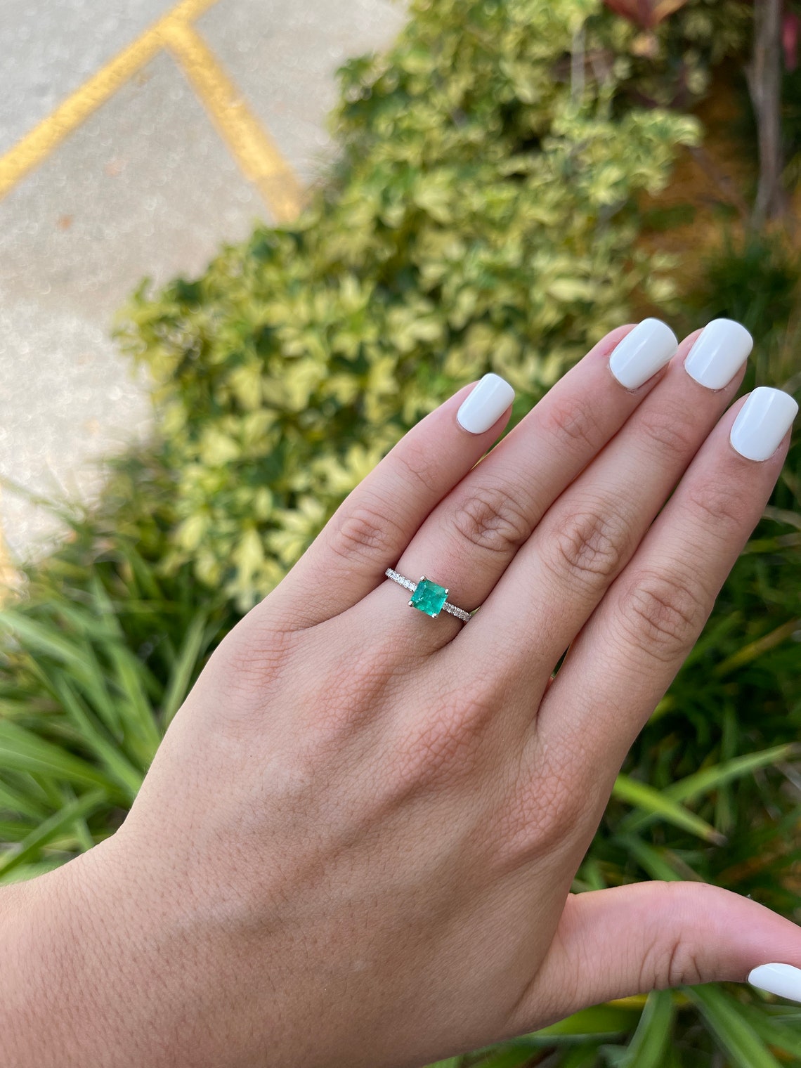 1.55tcw Natural Emerald-Asscher Cut & Diamond Solitaire With Accents Ring 14K - JR Colombian Emeralds