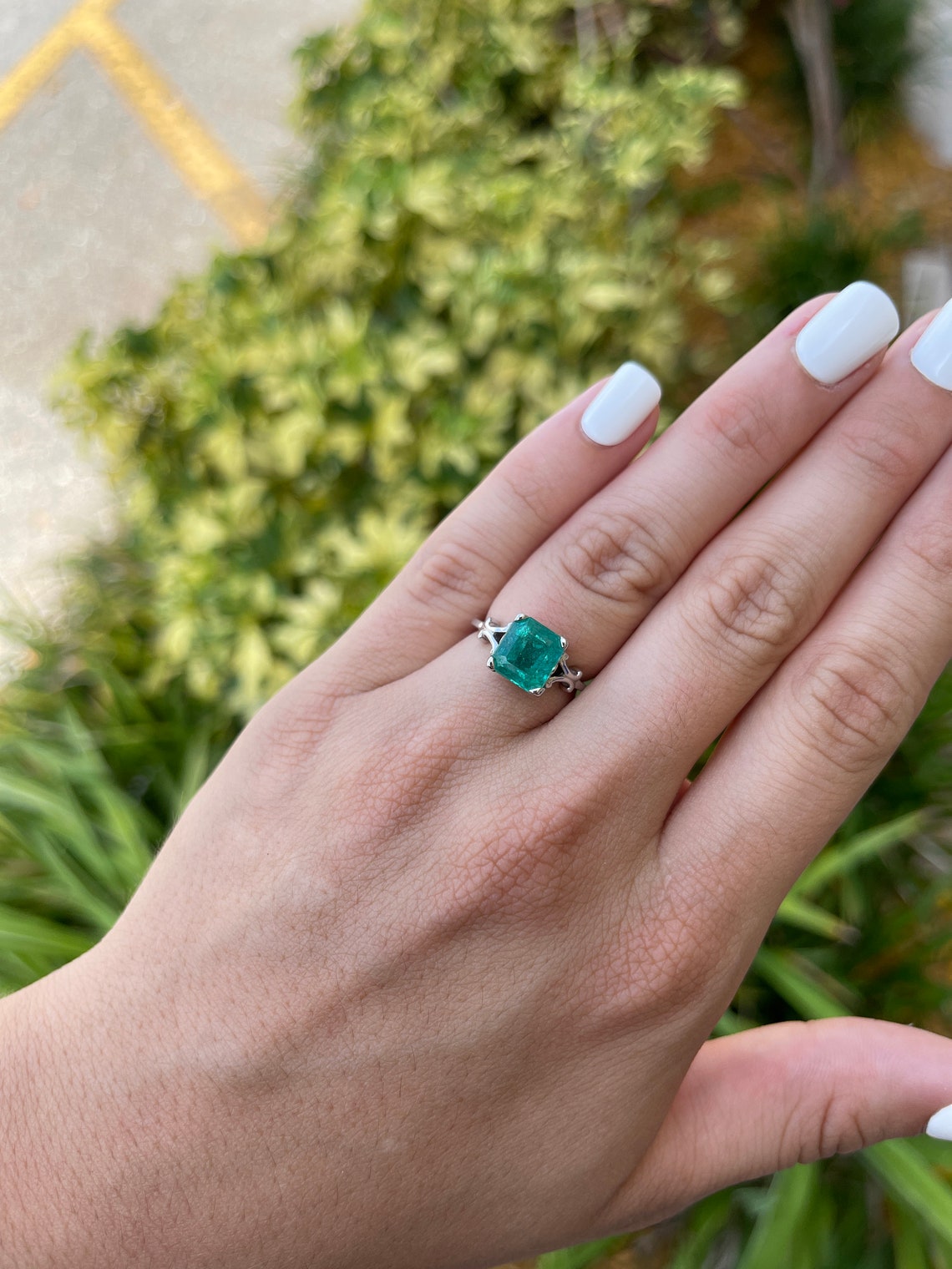 3.25ct 14K White Rare Blue Green Asscher Cut Emerald Scroll Solitaire Vintage Styled Engagement Ring - JR Colombian Emeralds