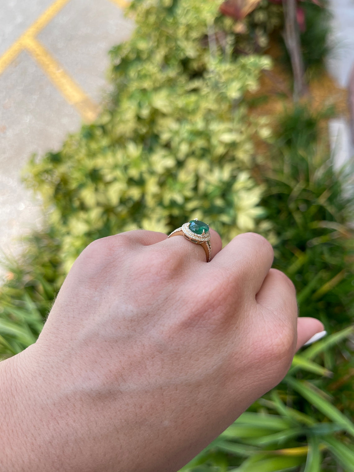 4.20tcw 14K Deep Green Natural Emerald-Oval & Diamond Double Halo Yellow Gold Ring - JR Colombian Emeralds