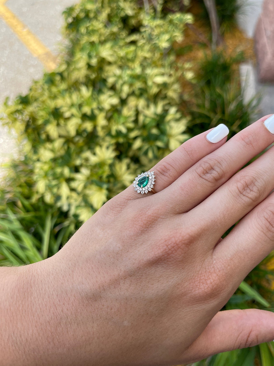 Exquisite Beauty: 1.33tcw Natural Emerald Teardrop Pear Cut & Petite Diamond Cluster Halo Ring - Elegant 14K Setting