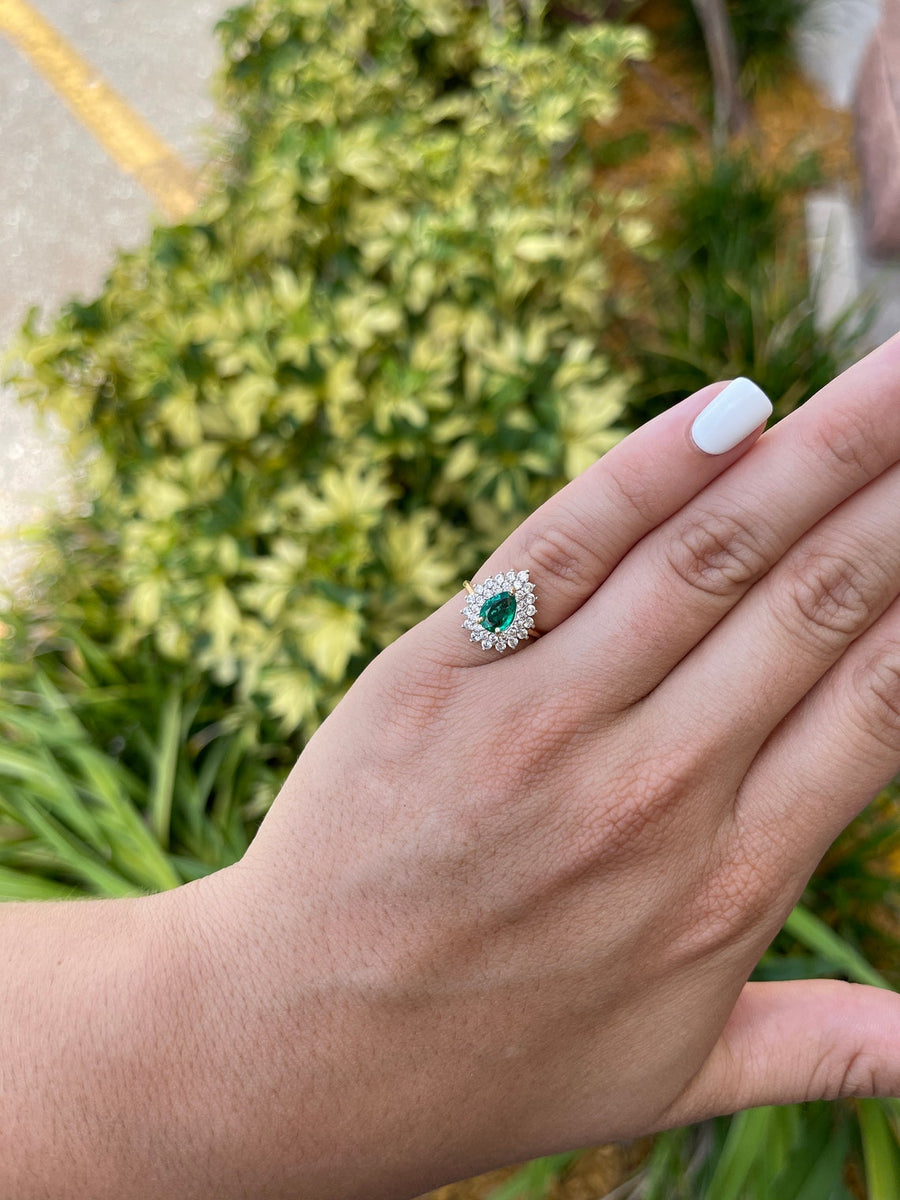 Classic Charm: Natural Emerald Teardrop Pear Cut & Petite Diamond Cluster 1.33tcw 14K Gold Halo Ring