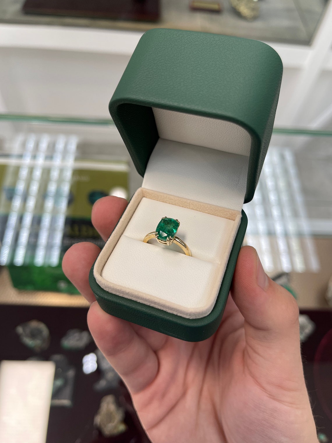 3.12cts 14K Natural Elongated Cushion Cut Emerald Solitaire Double Prong Gold Ring - JR Colombian Emeralds