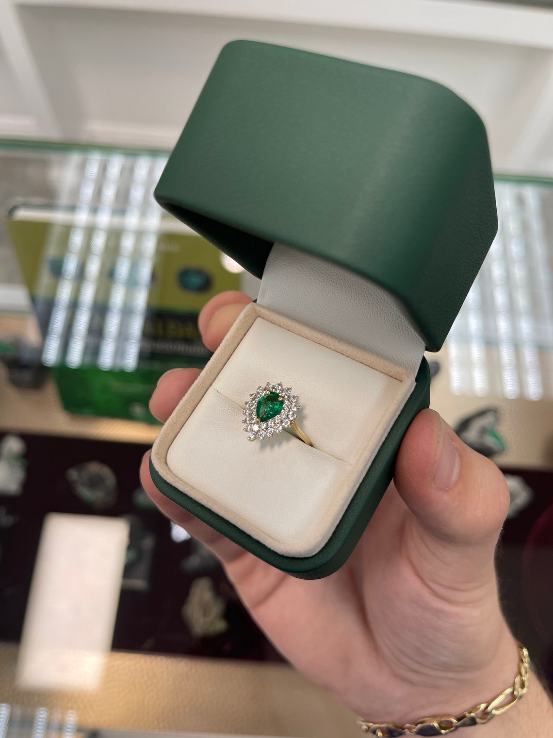 1.33tcw 14K Natural Emerald Teardrop Pear Cut & Petite Diamond Cluster Halo Ring - JR Colombian Emeralds