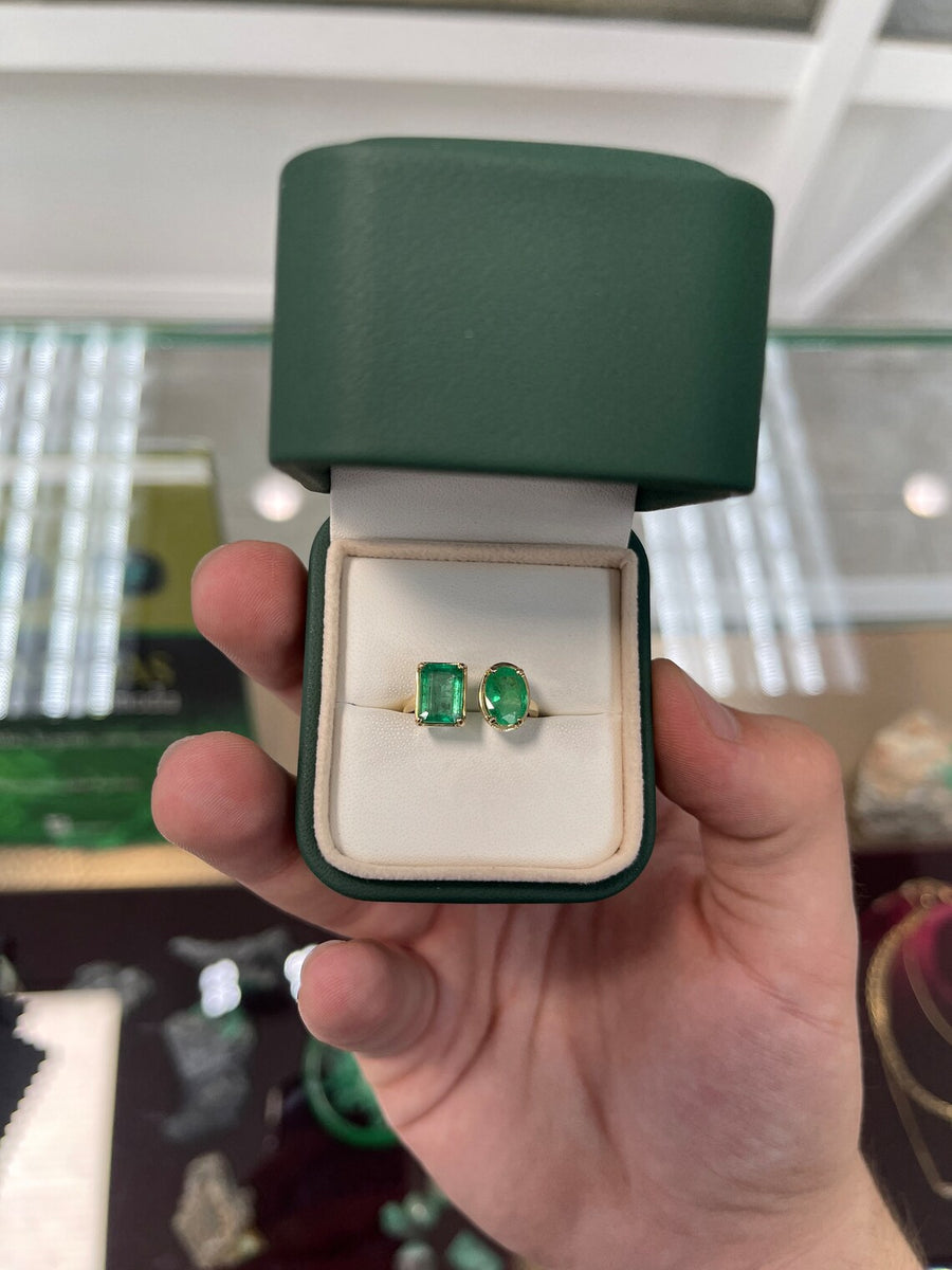 2.69tcw 14K Natural Green Emerald Toi Et Moi Cut & Oval Cut Cuff Ring