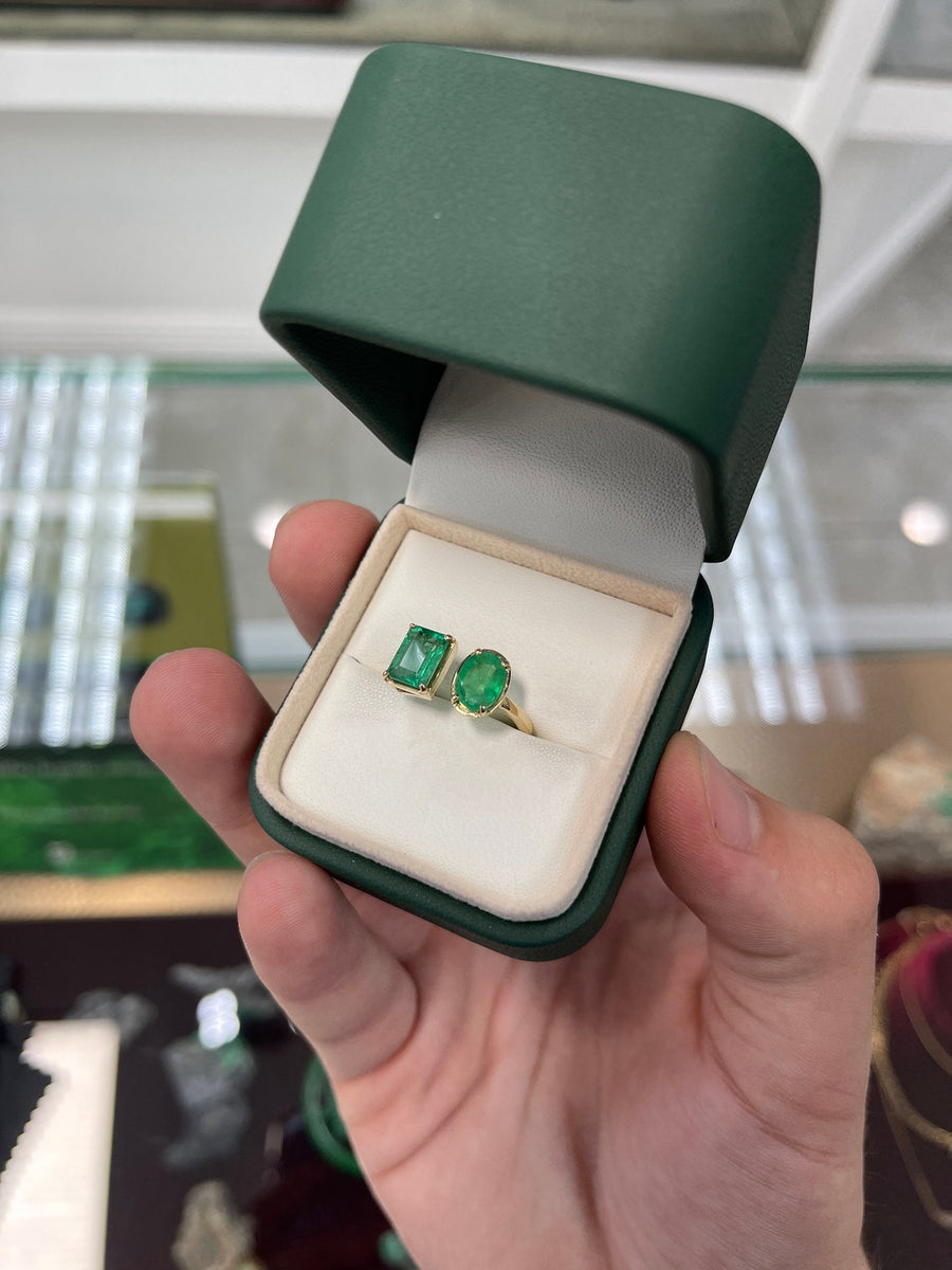 2.69tcw 14K Natural Green Emerald Toi Et Moi Cut & Oval Cut Cuff Ring