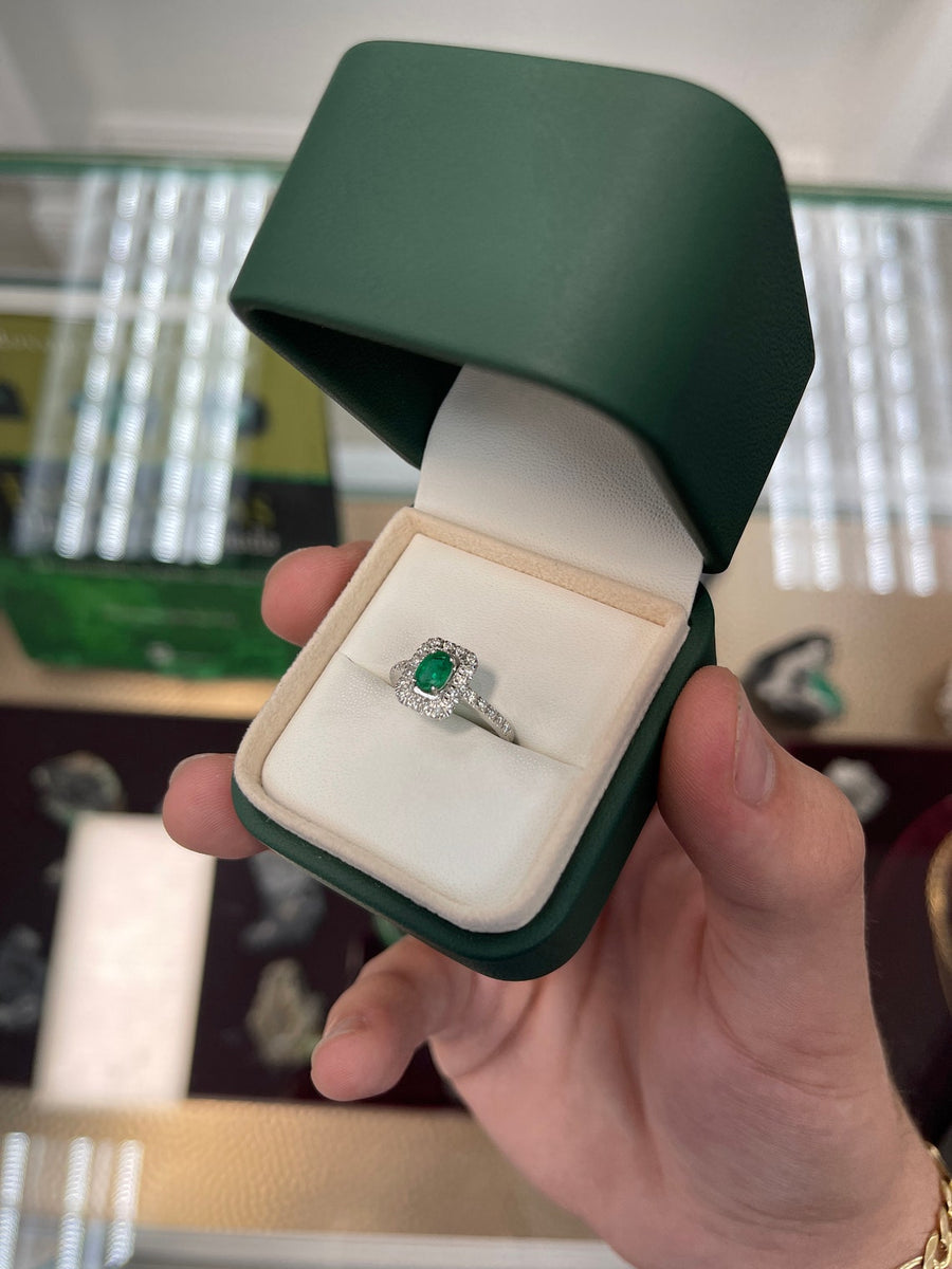 18K Dark Green 1.05tcw Emerald Oval Cut & Diamond Halo and Shank Engagement Ring