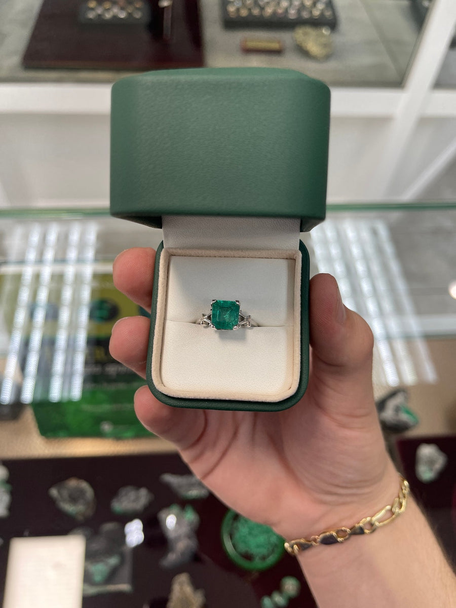 3.25ct 14K White Rare Blue Green Asscher Cut Emerald Scroll Solitaire Vintage Styled Engagement Ring