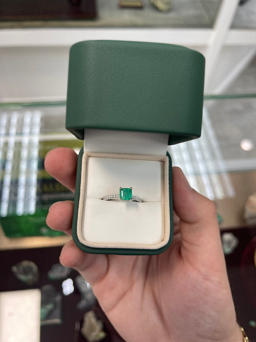 1.55tcw Sea Blue Green Emerald Asscher Cut & Pave Diamond 14K White Engagement Ring