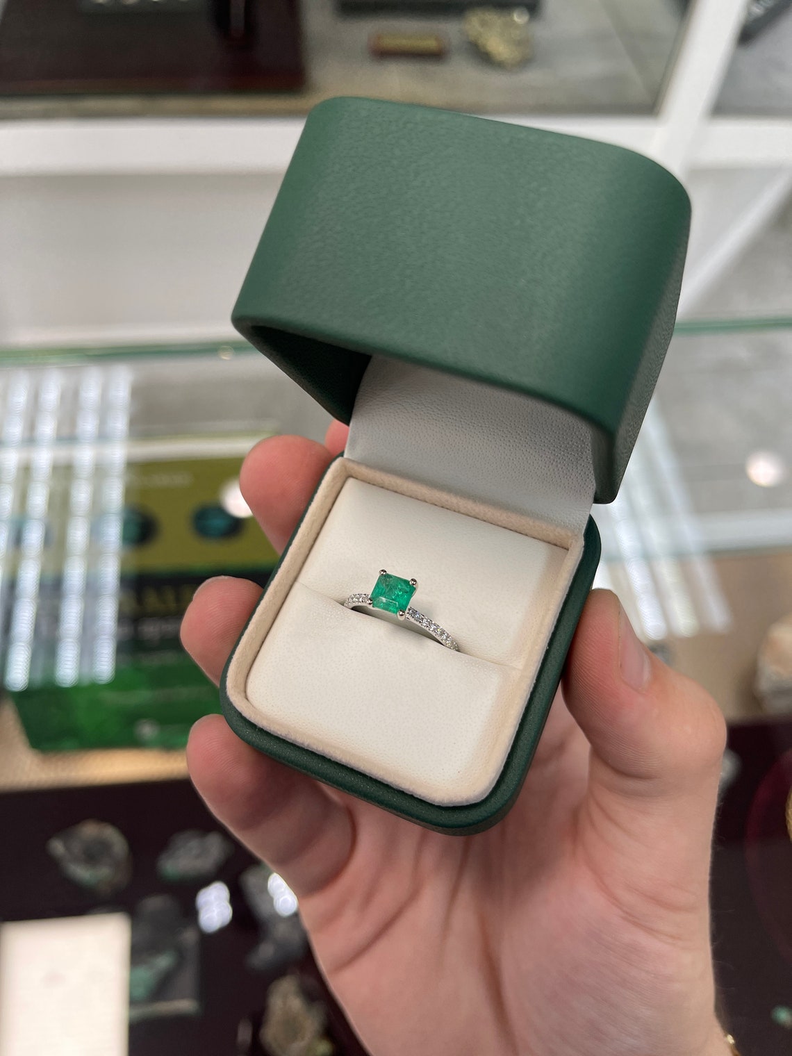 1.55tcw Natural Emerald-Asscher Cut & Diamond Solitaire With Accents Ring 14K - JR Colombian Emeralds