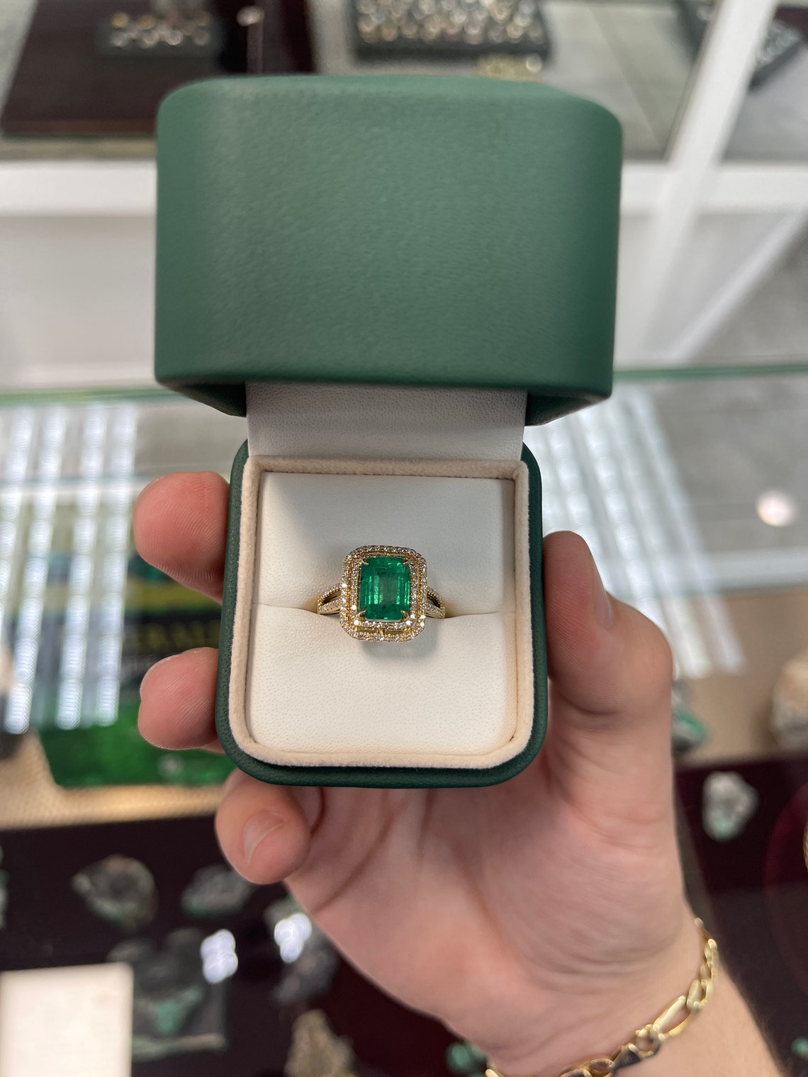 3.37tcw 14K Medium Green Real Emerald Cut & Diamond Double Halo Yellow Gold Ring - JR Colombian Emeralds