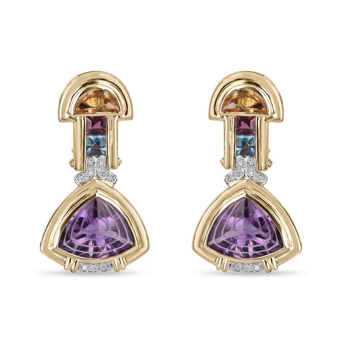 21.15tcw 14K Natural Amethyst Diamond Pink & Blue Topaz Citrine Earrings