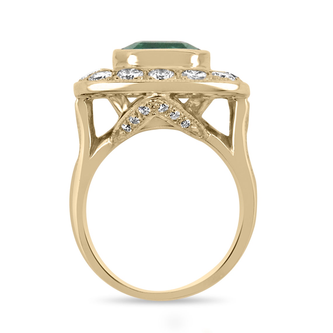 9.50tcw 14K-18K Large Heirloom Emerald Cut & VS Diamond Bezel Cocktail Halo Big Ring - JR Colombian Emeralds