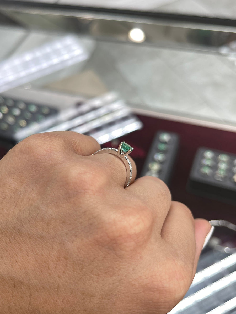 1.10tcw Natural Emerald-Round Cut & Diamond Shank 14K White Gold Engagement Ring