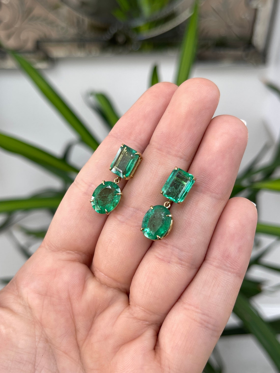 15.82tcw Dark Green Statement Large Zambian Emerald Cut & Oval Cut Dangle Earrings 18K - JR Colombian Emeralds