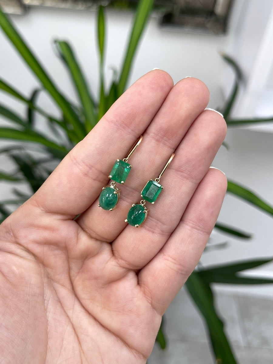 8.45tcw Trending Real Forest Green Emerald Cut & Cabochon Dangle Drop Earrings 14K