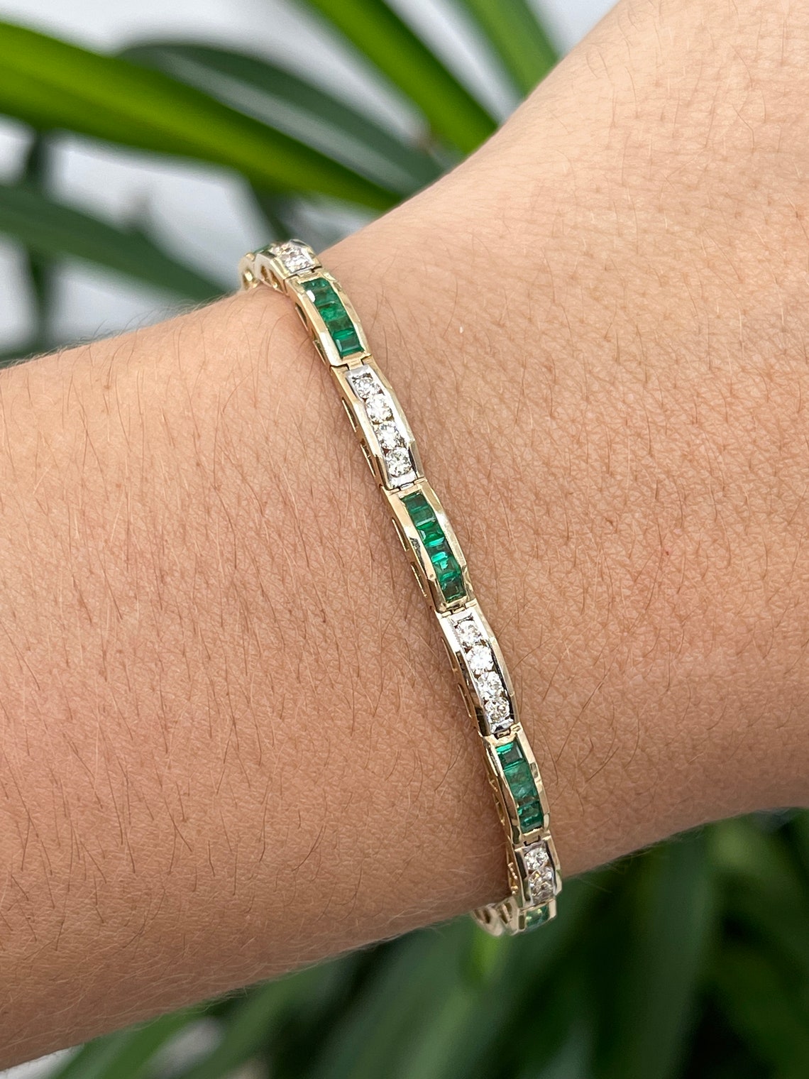 3.51tcw 14K Natural Emerald Round Cut & Diamond Unisex Gold Bracelet - JR Colombian Emeralds