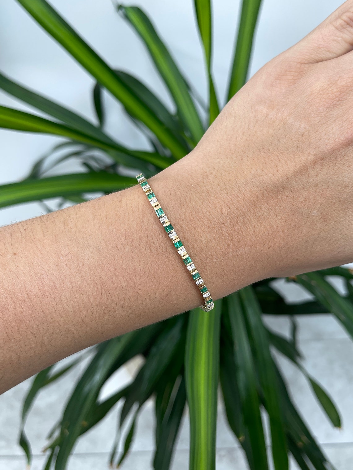 Natural Emerald-Baguette Cut & Diamond Unisex Gold Bracelet