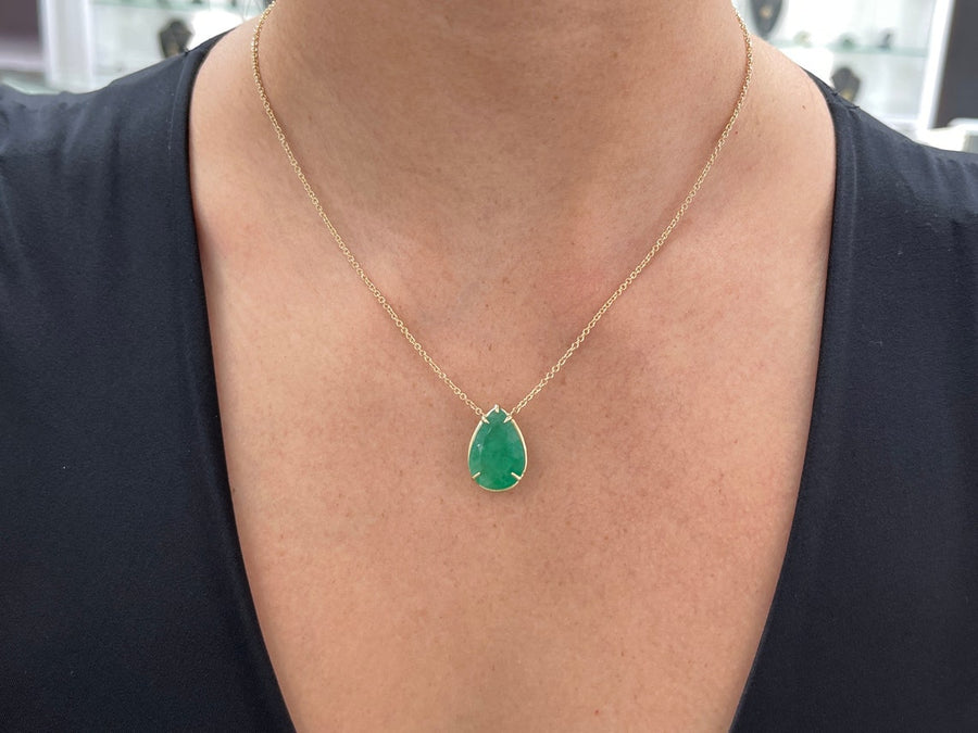 Emerald-Pear Cut Solitaire Gold 5 Prong Necklace on Neck