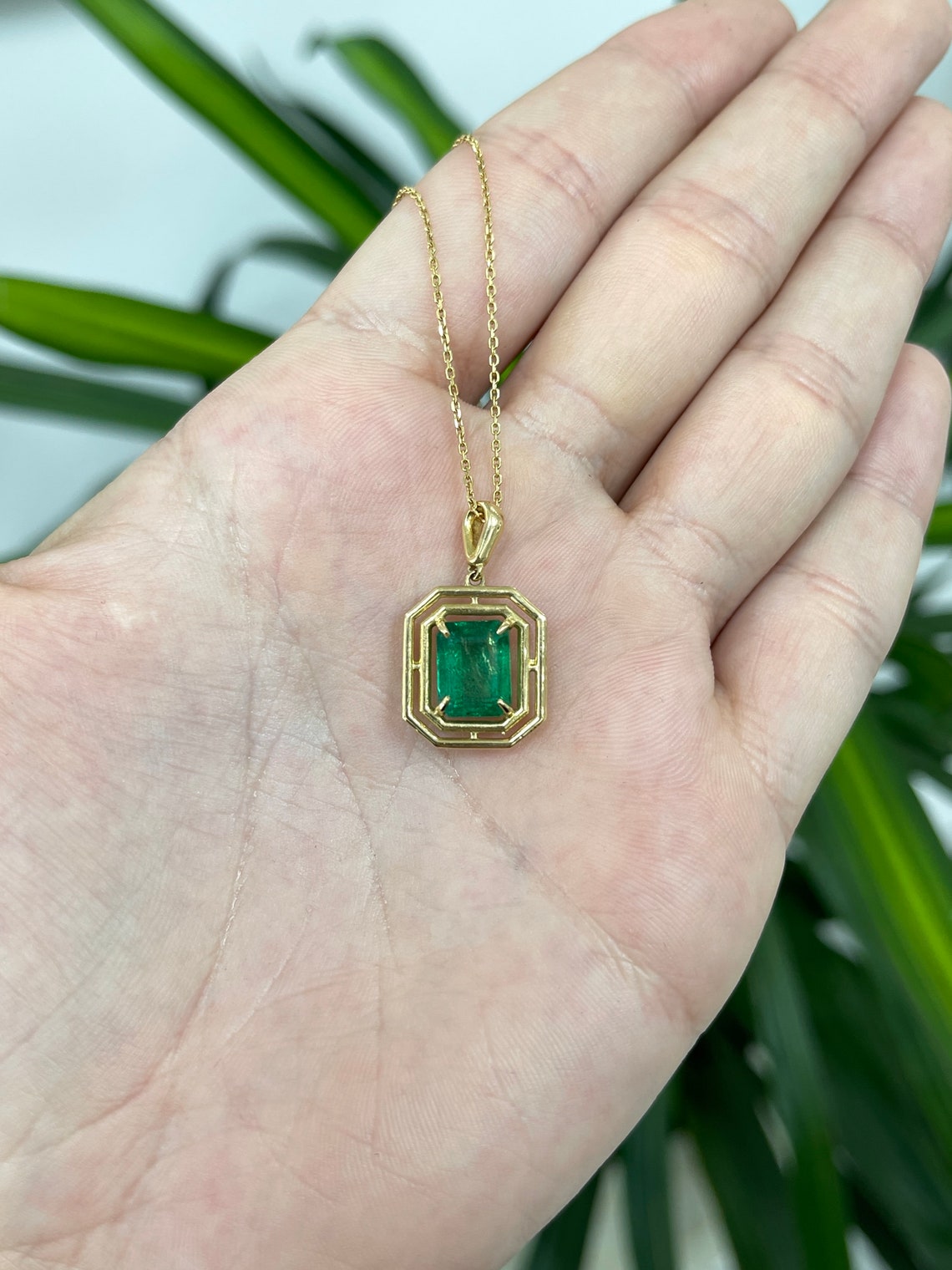 3.18ct 14K Modern Geometric Dark Green Emerald Cut Solitaire Gold Prong Pendant - JR Colombian Emeralds