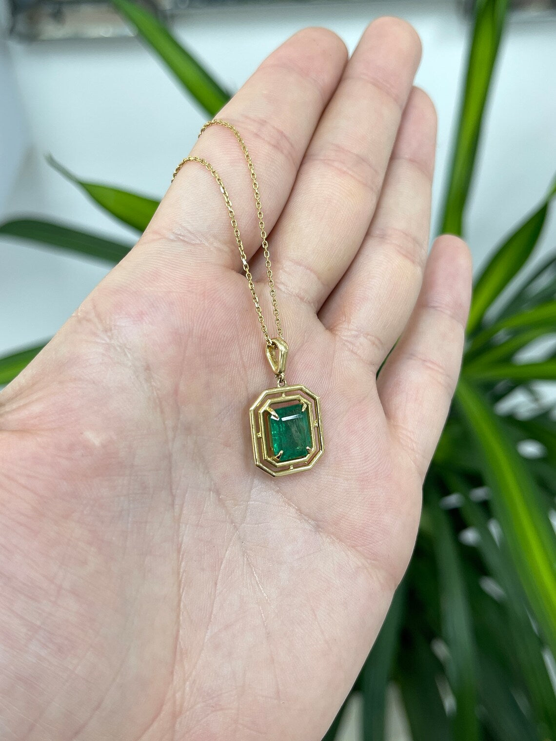 3.18ct 14K Modern Geometric Dark Green Emerald Cut Solitaire Gold Prong Pendant - JR Colombian Emeralds