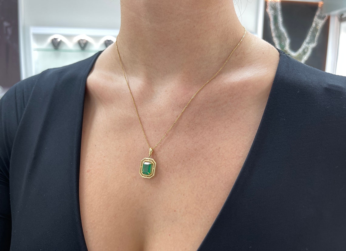 3.18ct 14K Modern Geometric Dark Green Emerald Cut Solitaire Gold Prong Pendant - JR Colombian Emeralds