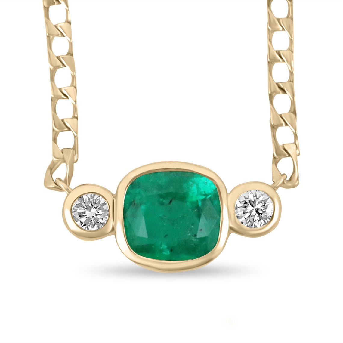 5.24tcw 14K Dark Green Colombian Emerald-Cushion Cut Gold Necklace