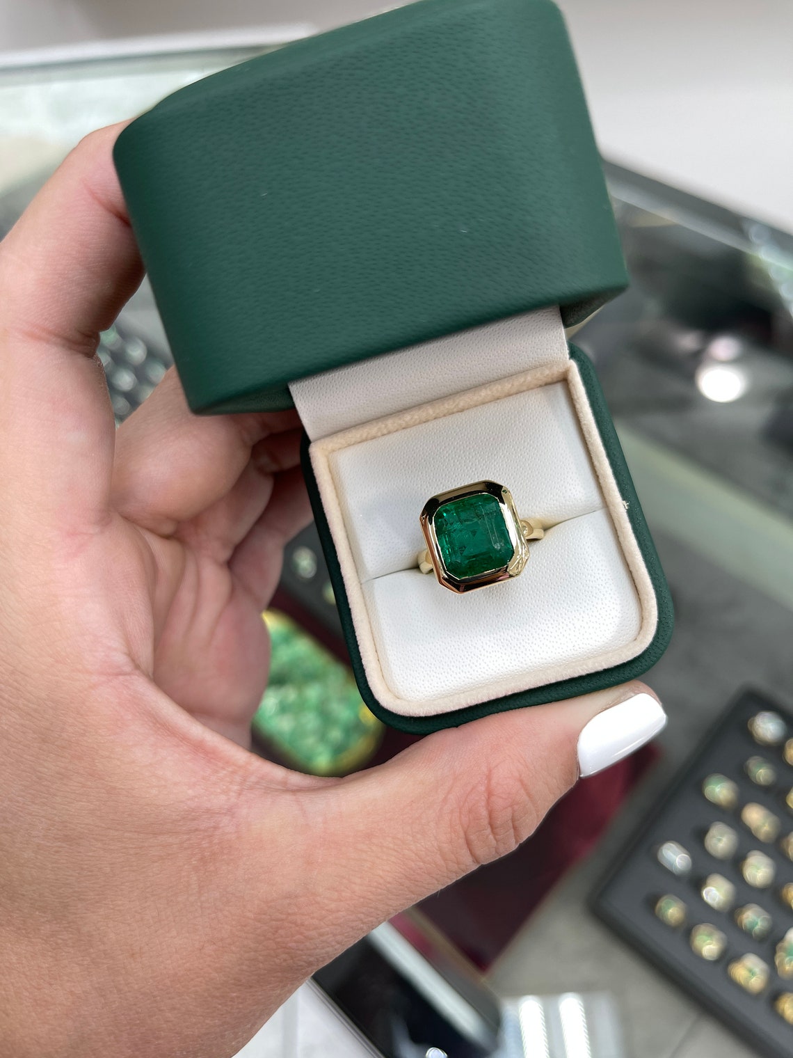 7.58ct 18K AAA Natural Large Emerald-Asscher Cut Solitaire Bezel Set Gold Statement Ring - JR Colombian Emeralds