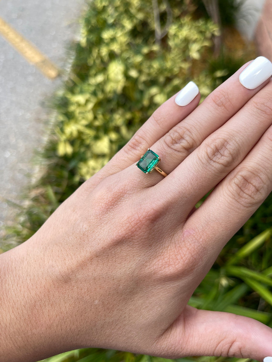 2.80ct 18K Dark Vivid Green Natural Emerald Cut Solitaire Modern Engagement Ring