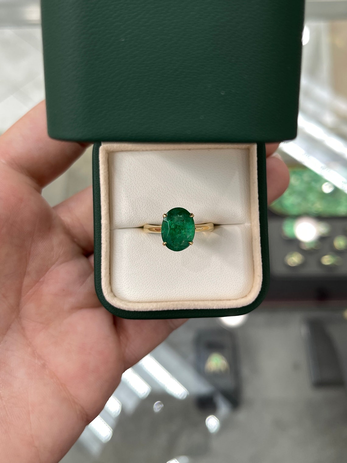 3.78ct Dark Fine Quality 18K Natural Emerald-Oval Cut Solitaire Four Prong Engagement Ring - JR Colombian Emeralds