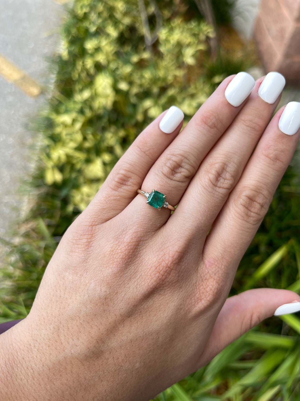 1.85tcw 14K Gold Medium Dark Green Genuine Emerald-Asscher Cut & Diamond 3-Stone Engagement Ring - JR Colombian Emeralds