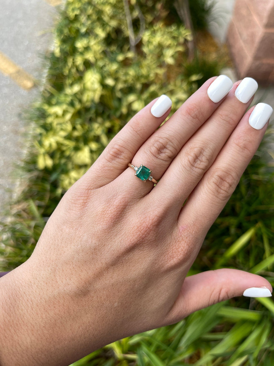 Emerald-Asscher Cut & Diamond 3-Stone Engagement Ring 14K Gold on Hand