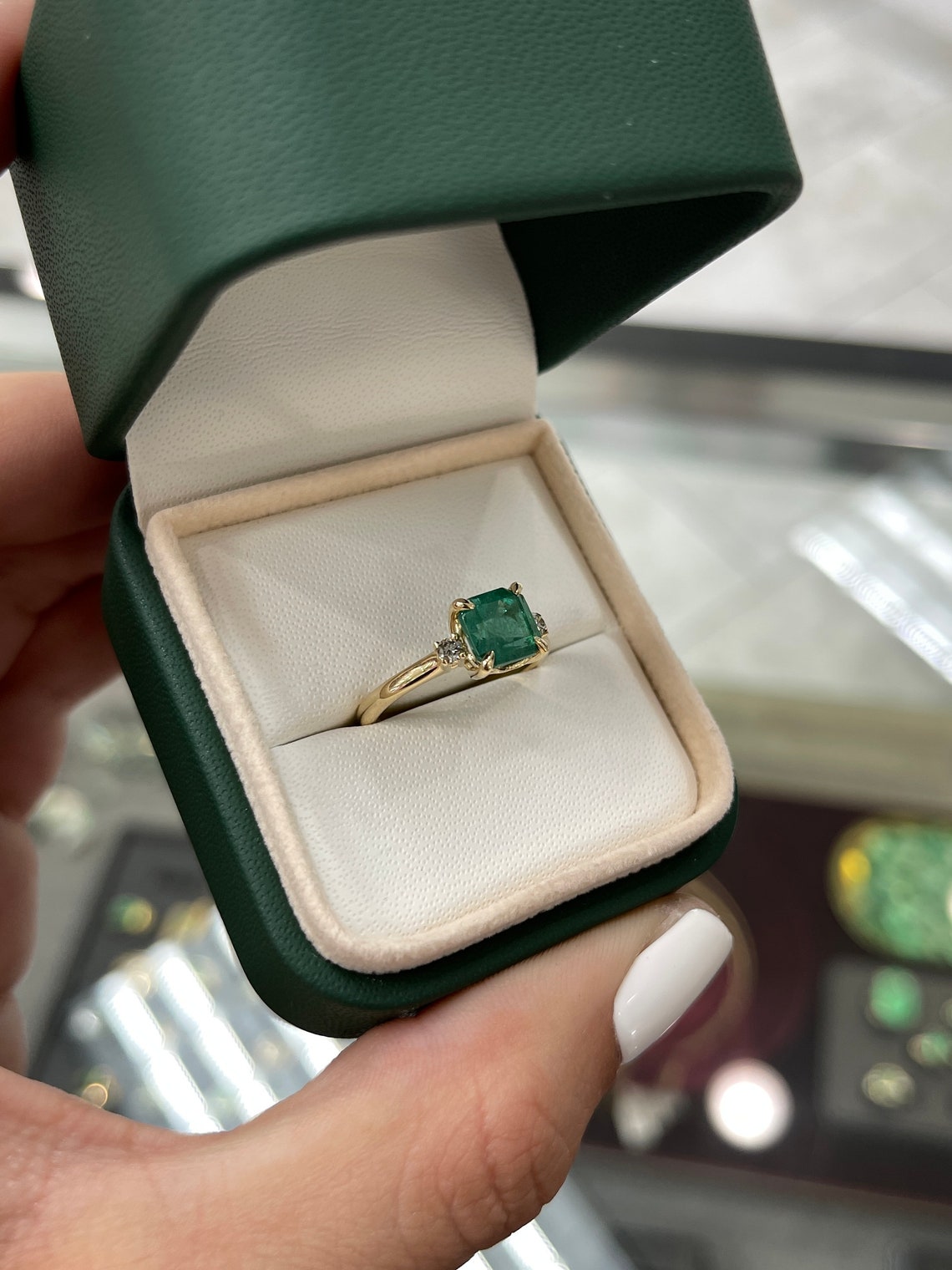 1.85tcw 14K Gold Medium Dark Green Genuine Emerald-Asscher Cut & Diamond 3-Stone Engagement Ring - JR Colombian Emeralds