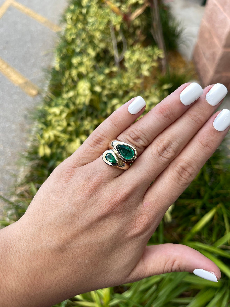 Emerald-Pear Cut 4.05tcw Emerald Bypass Gold Statement Ring on Hand gypsy ring 14k GIFT