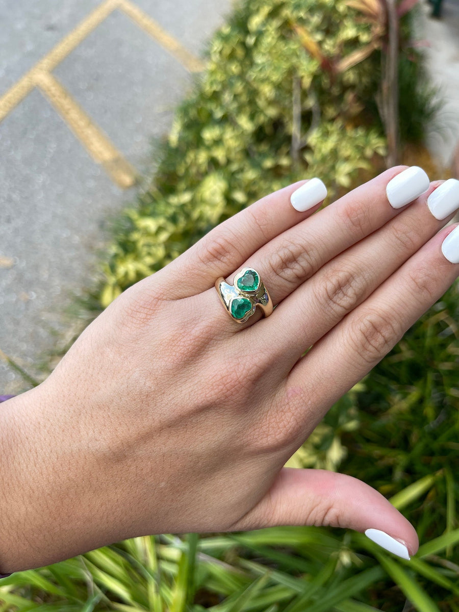 Heart Cut Emerald Bypass Gold Two Stone Statement Ring on Hand