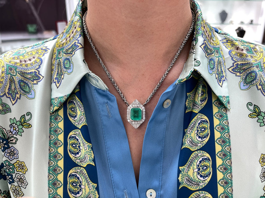 Large and Rare Vivid Medium Green Emerald Necklace on Neck