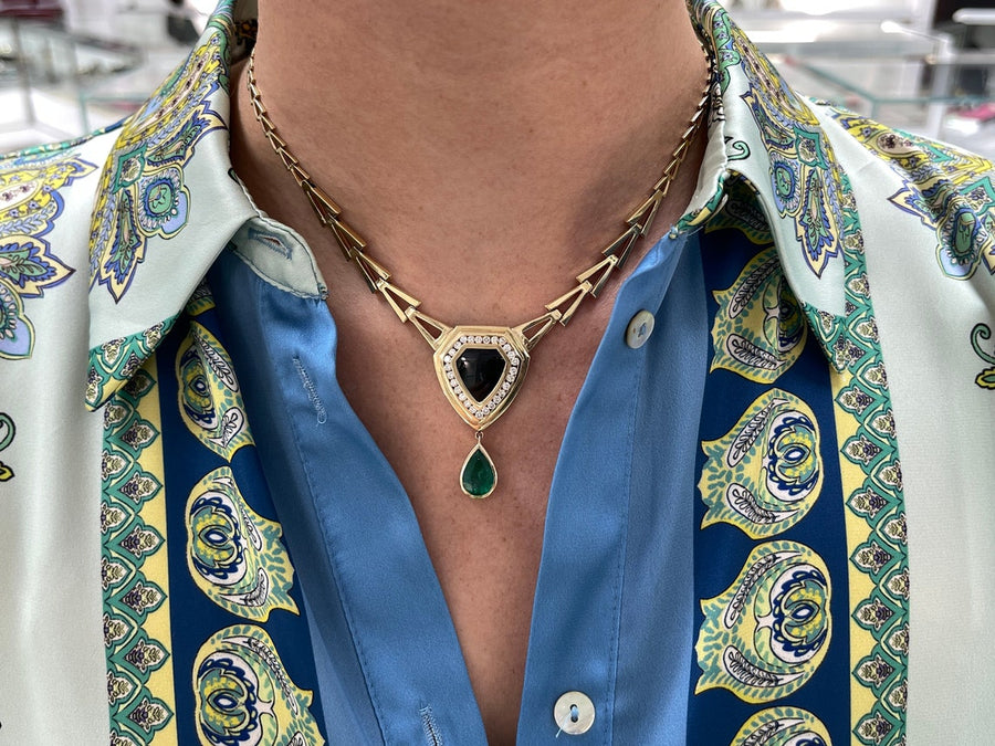 8.04tcw 14K Natural Emerald Diamond, & Onyx Necklace on Neck