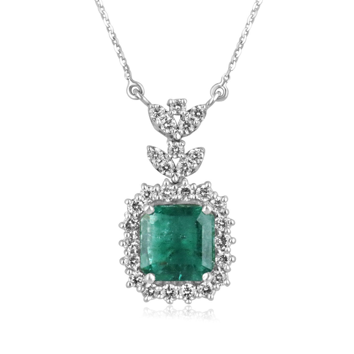 Emerald-Asscher Cut & Diamond Halo White Gold Necklace