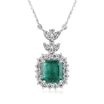Emerald-Asscher Cut & Diamond Halo White Gold Necklace