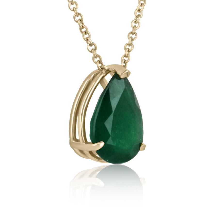 3 Prong Pear Cut Dark Green Emerald Pendant