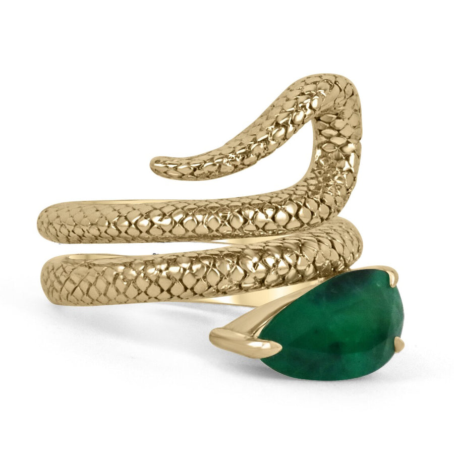 Deep Dark Green Emerald Solid Yellow Gold Snake Skin Ring