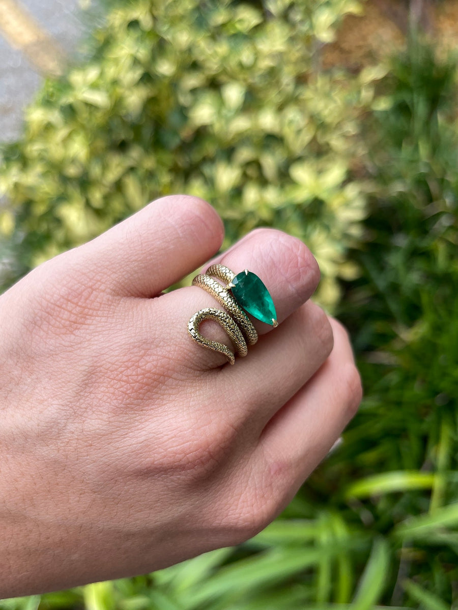 2.18ct 18K AAA Quality Colombian Emerald-Pear Cut Gold Wrapping Snake Ring