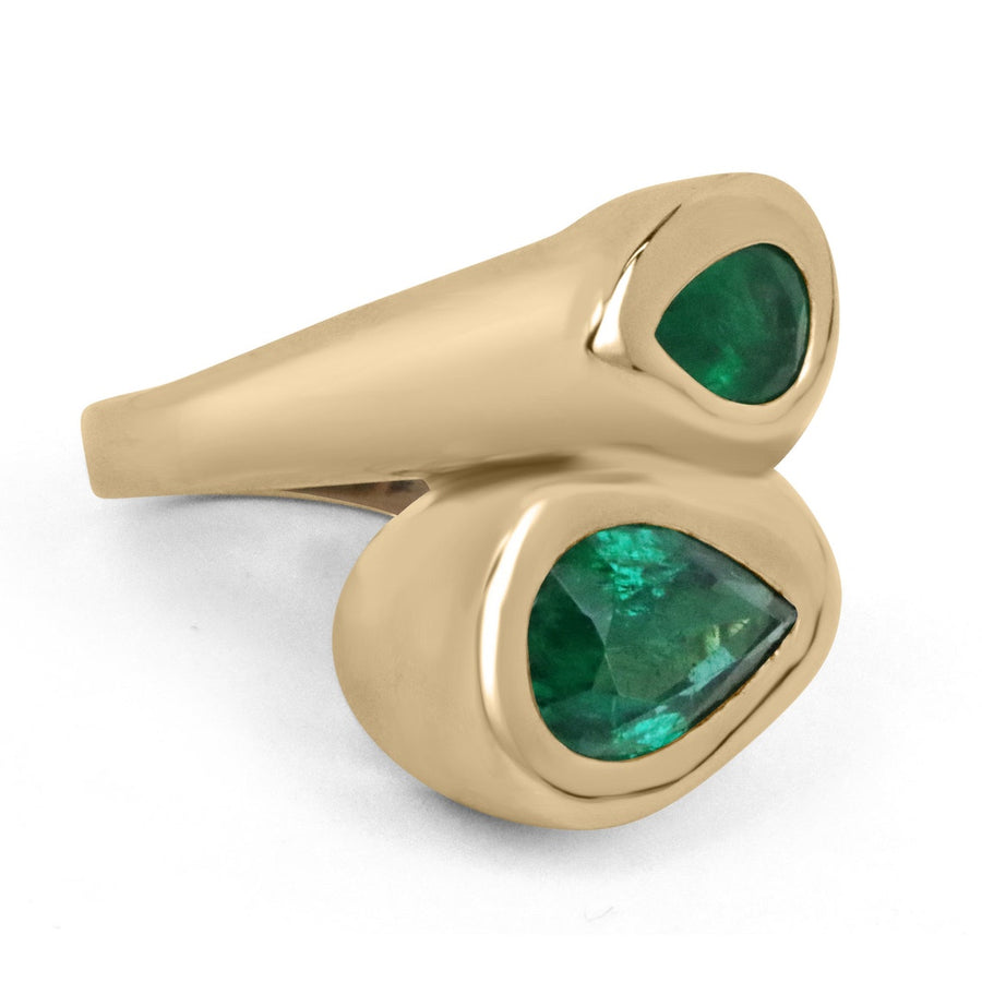 2 Stone 4.08TCW Pear Cut Emerald Bezel Gold Ring 14K