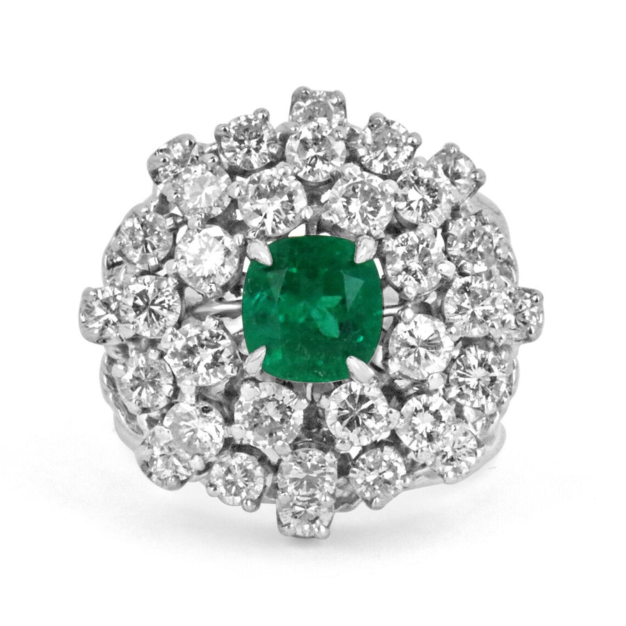 Cluster 5.0tcw 14K Emerald-Cushion Cut & Diamond Vintage Cocktail White Gold Statement Ring