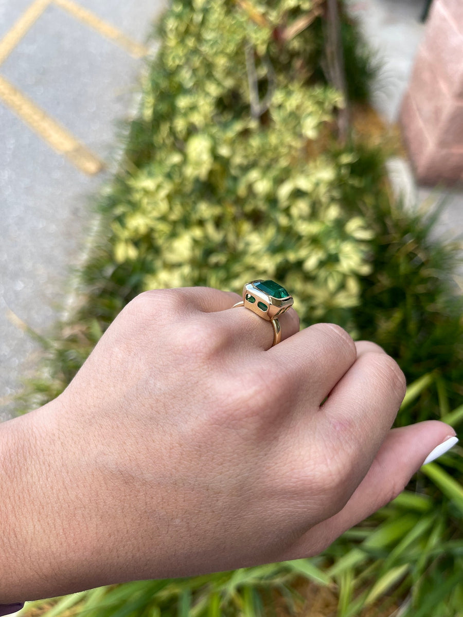 7.58ct 18K AAA Natural Large Emerald-Asscher Cut Solitaire Bezel Set Gold Statement Ring
