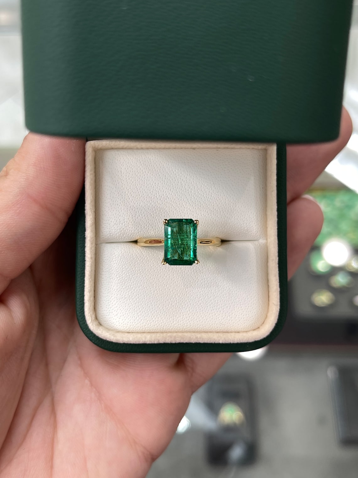 2.80ct 18K Dark Vivid Green Natural Emerald Cut Solitaire Modern Engagement Ring - JR Colombian Emeralds