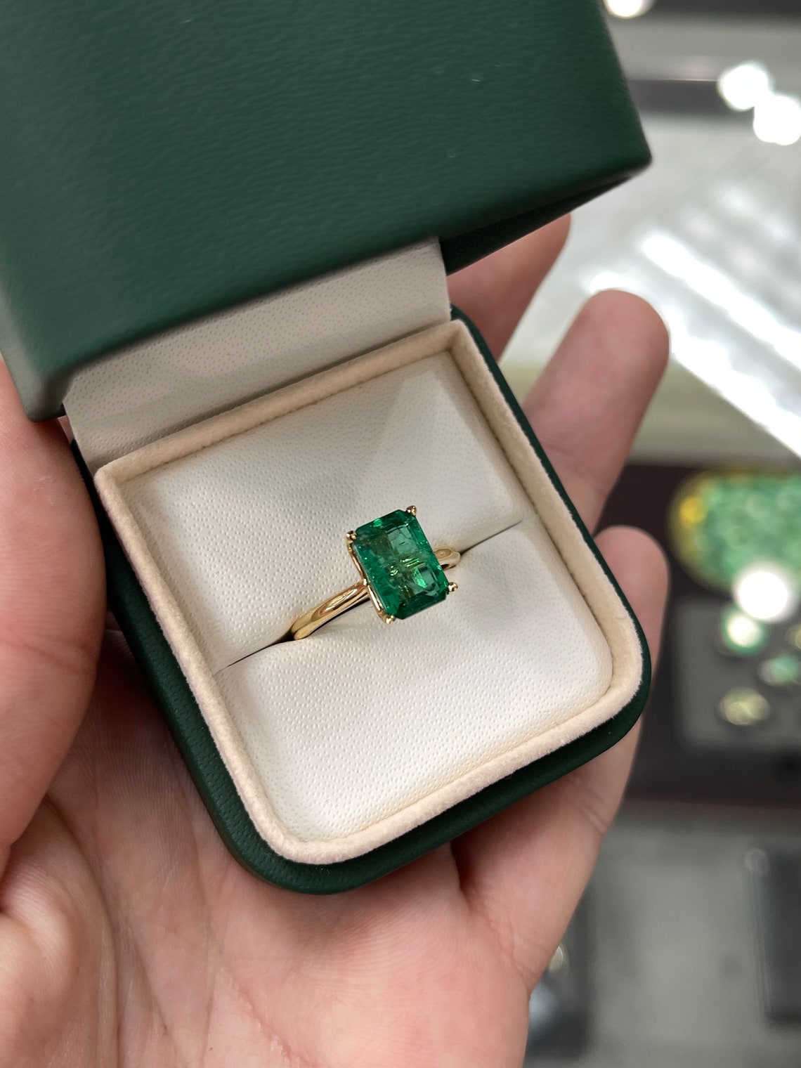 2.80ct 18K Dark Vivid Green Natural Emerald Cut Solitaire Modern Engagement Ring - JR Colombian Emeralds