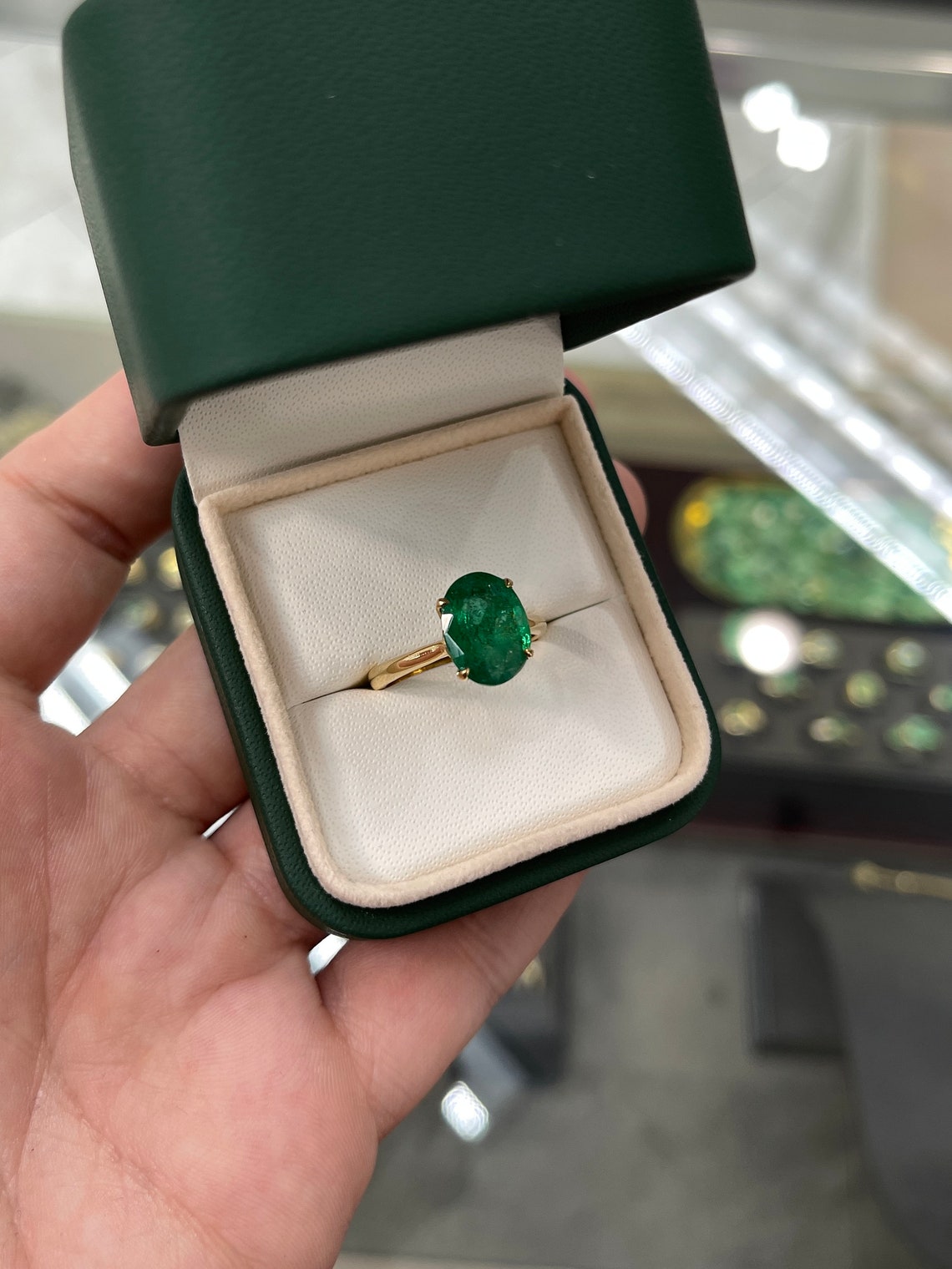 3.78ct Dark Fine Quality 18K Natural Emerald-Oval Cut Solitaire Four Prong Engagement Ring - JR Colombian Emeralds